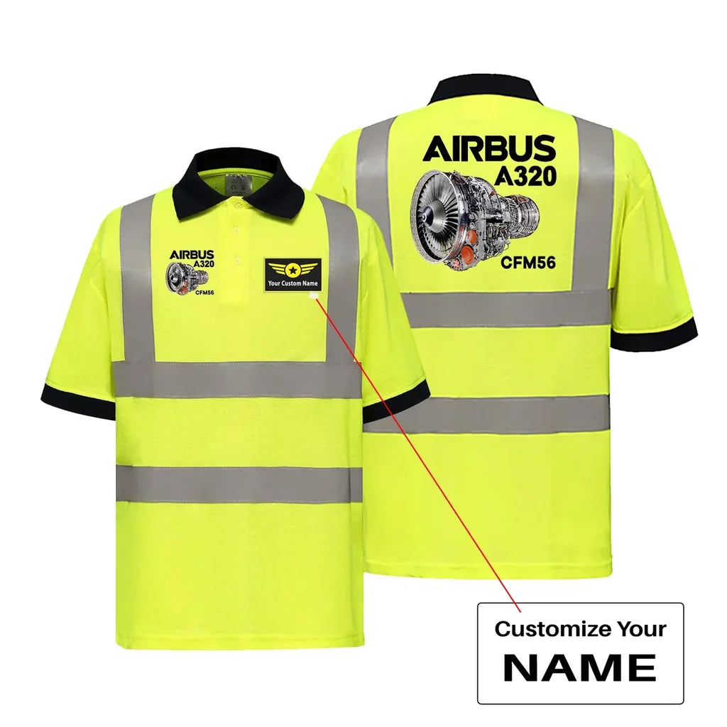Airbus A320 & CFM56 Engine aviation design printed on soft cotton reflective polo shirt.