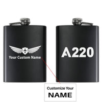Thumbnail for Airbus A220 Flat Text aviation design on stainless hip flask, compact pocket-size flask.