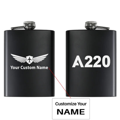 Airbus A220 Flat Text aviation design on stainless hip flask, compact pocket-size flask.