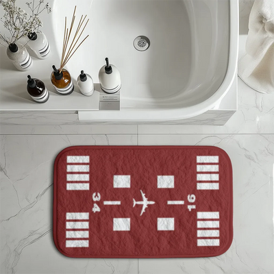 Special Runway (Red) aviation print bath mat, soft absorbent fabric with non-slip backing.