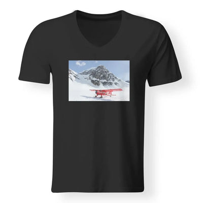 Amazing Snow Airplane aviation design printed on soft cotton V-neck T-shirt.