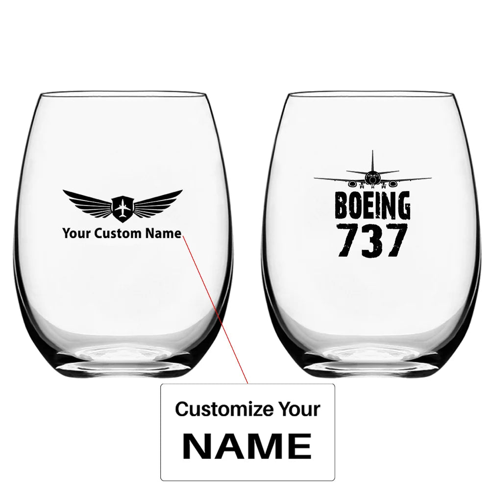 Boeing 737 & Plane Water & Drink aviation design on water glass, crystal-clear premium glassware.