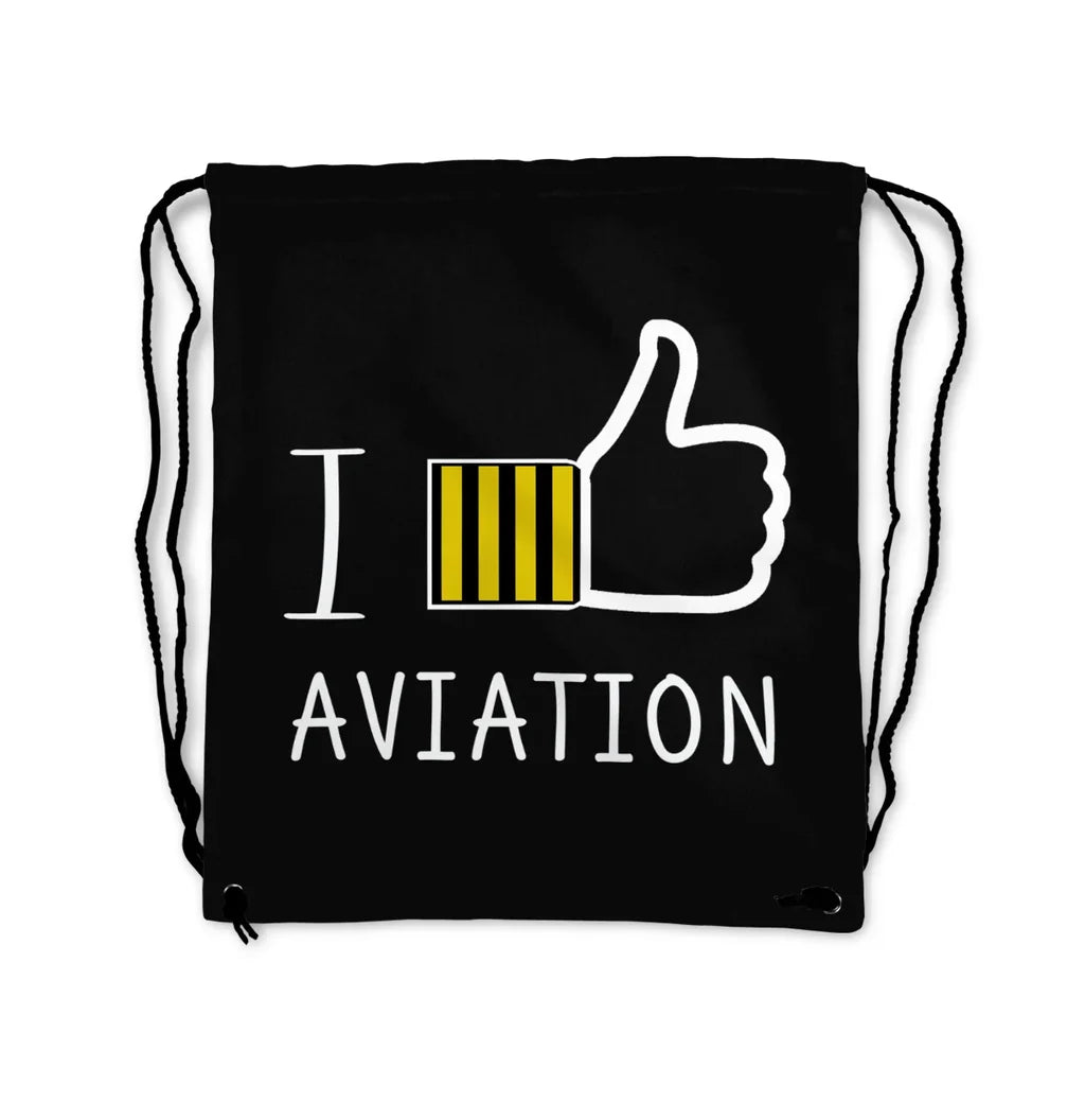 I Like aviation print drawstring bag, lightweight polyester.