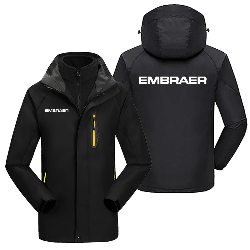 Embraer & Text aviation design printed on heavyweight insulated shell with snow cuffs thick ski jacket.