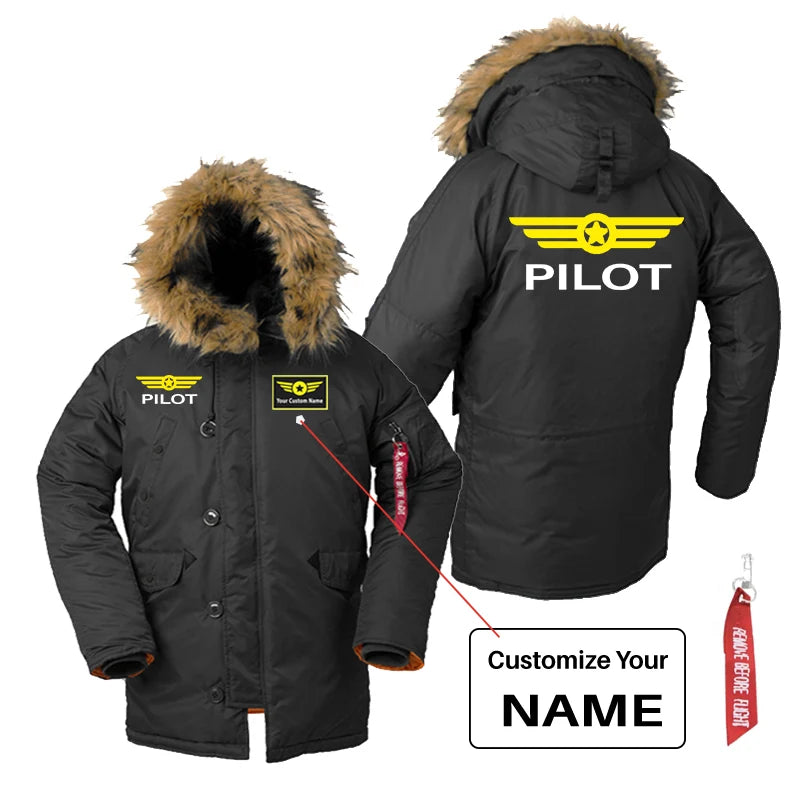 Pilot & Badge aviation design printed on heavyweight shell with hooded warmth parka bomber.