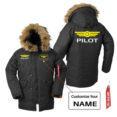 Pilot & Badge aviation design printed on heavyweight shell with hooded warmth parka bomber.