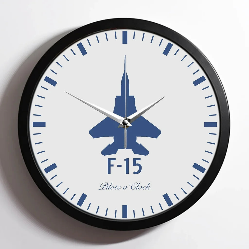 Fighting Falcon F-15 aviation design on premium wood and metal wall clock.