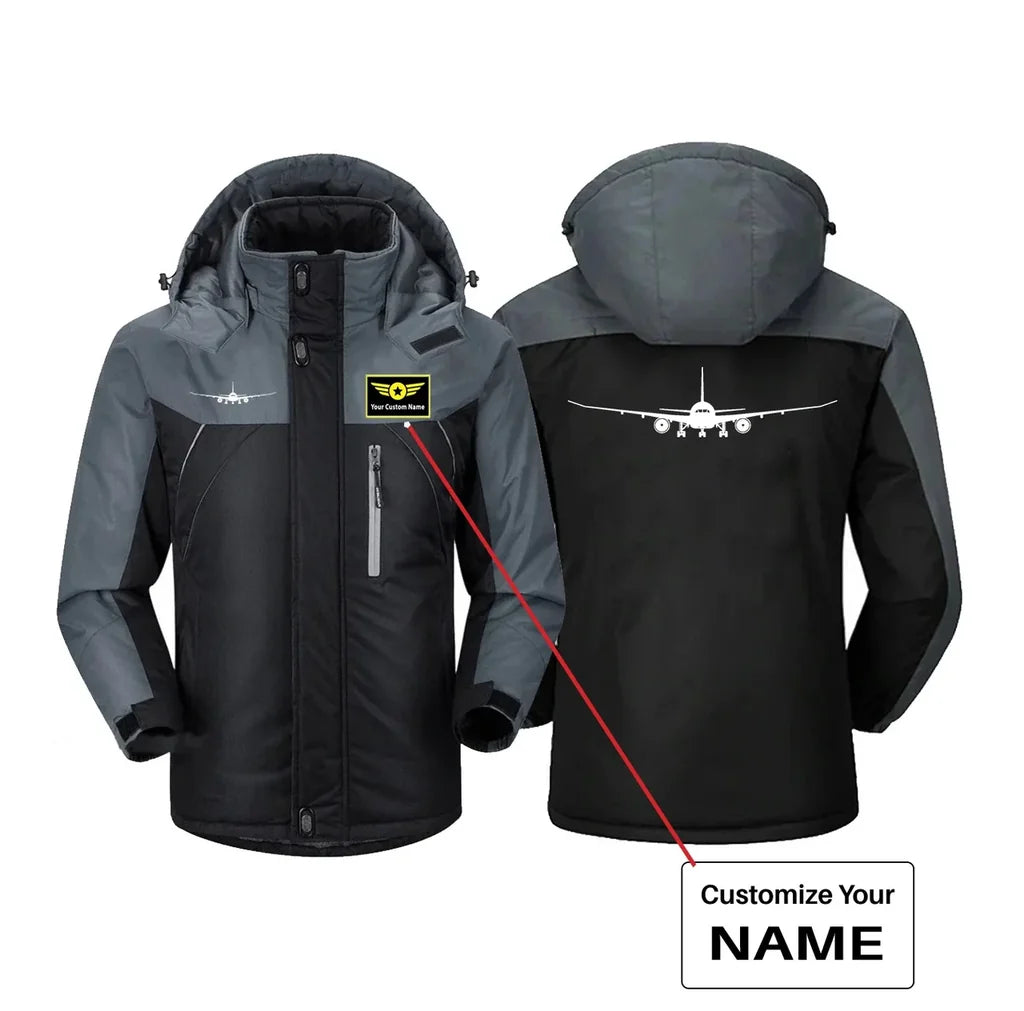 Boeing 787 Silhouette aviation design printed on heavyweight insulated shell thick winter jacket.