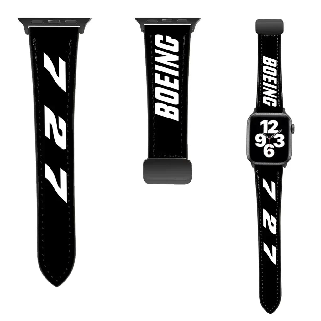 Boeing 727 Flat Text leather apple watch band - black
