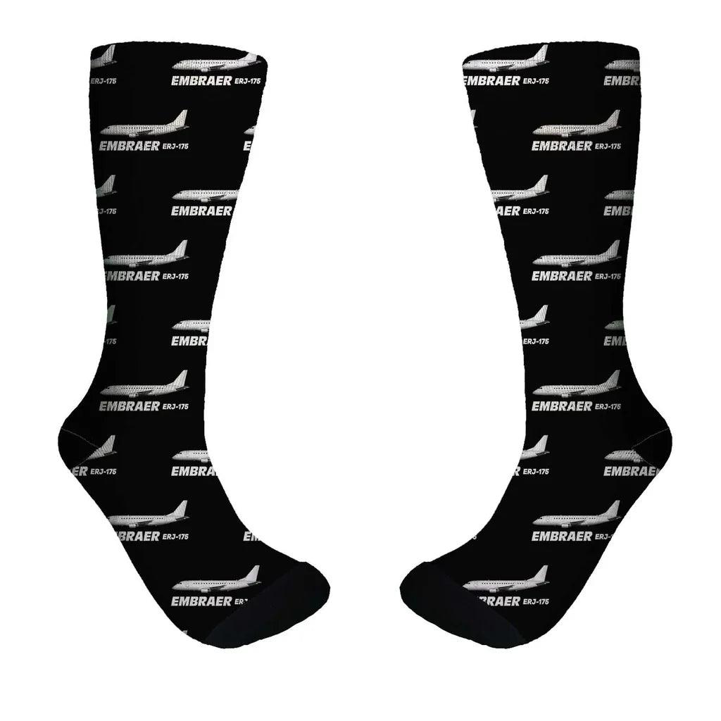 The Embraer ERJ-175 aviation design on soft cotton blend socks.