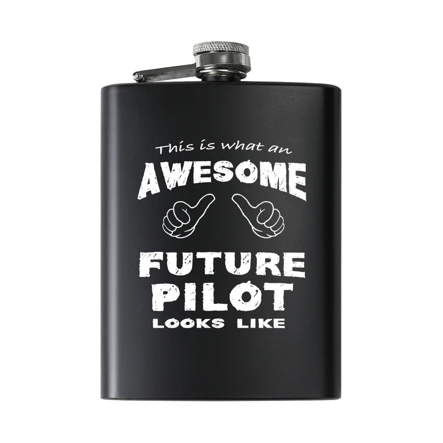 Future aviation design on stainless hip flask, compact pocket-size flask.