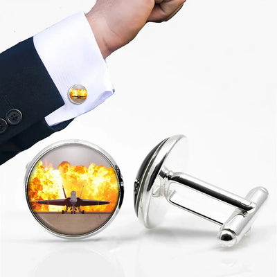 Face to Face with Air Force Jet & Flames aviation-themed cuff links, polished metal.