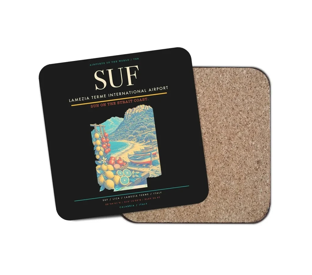 Lamezia Terme International Airport (SUF) design on black 1 piece coaster
