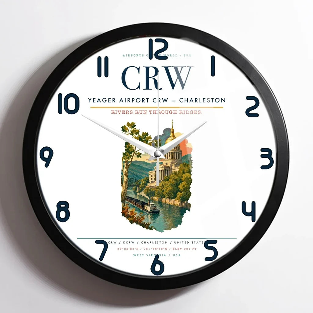 Yeager Airport (CRW) design on white framed wall clock