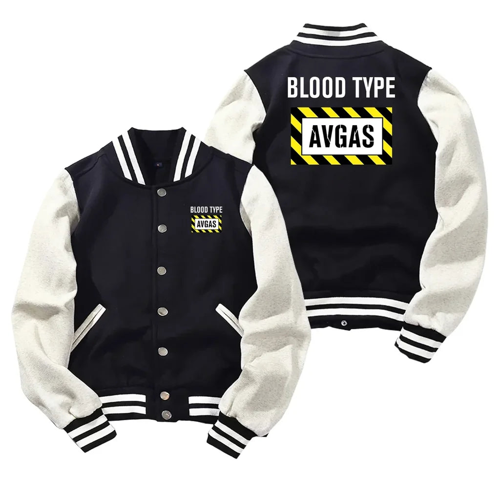 Blood Type AVGAS Baseball Style aviation design printed on two-tone shell with ribbed cuffs baseball jacket.