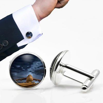 Side view of Amazing Military Aircraft at Night aviation cuff links in polished metal, polished finish.