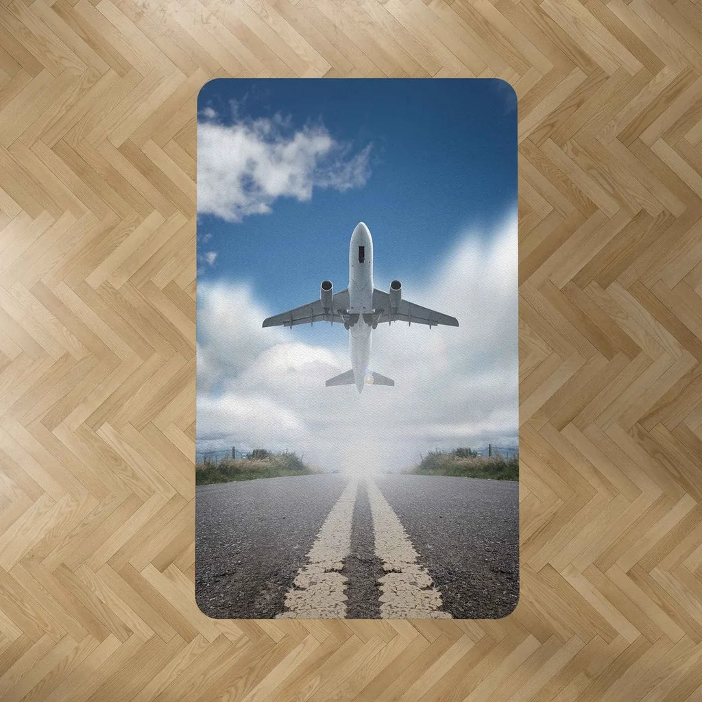 Taking Off aviation print rectangle carpet floor mat, durable carpet pile with non-slip backing.