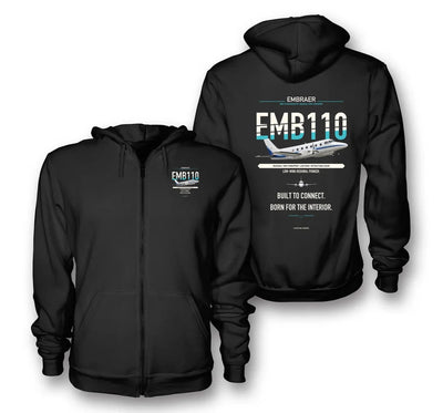 Embraer EMB 110 Bandeirante design on black zipped hoodie