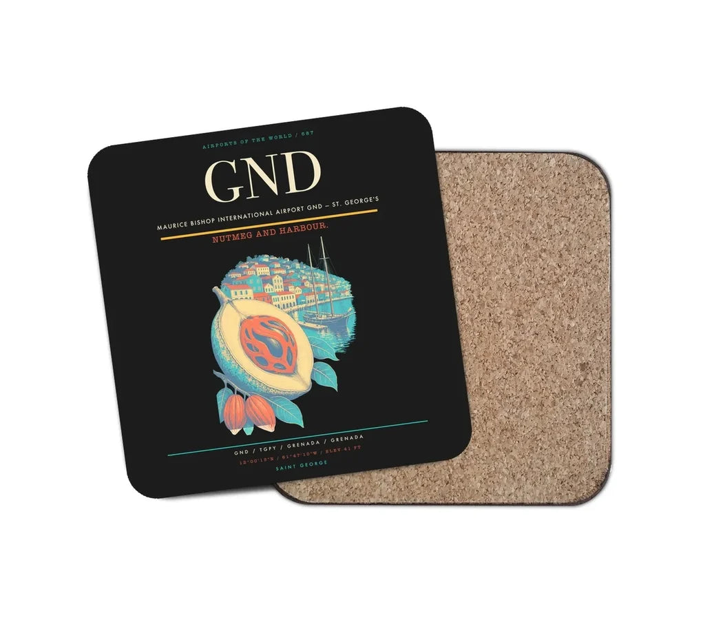 Maurice Bishop International Airport (GND) design on black 1 piece coaster