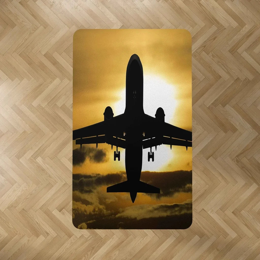 Departing Passanger Jet During Sunset aviation print rectangle carpet floor mat, durable carpet pile with non-slip backing.