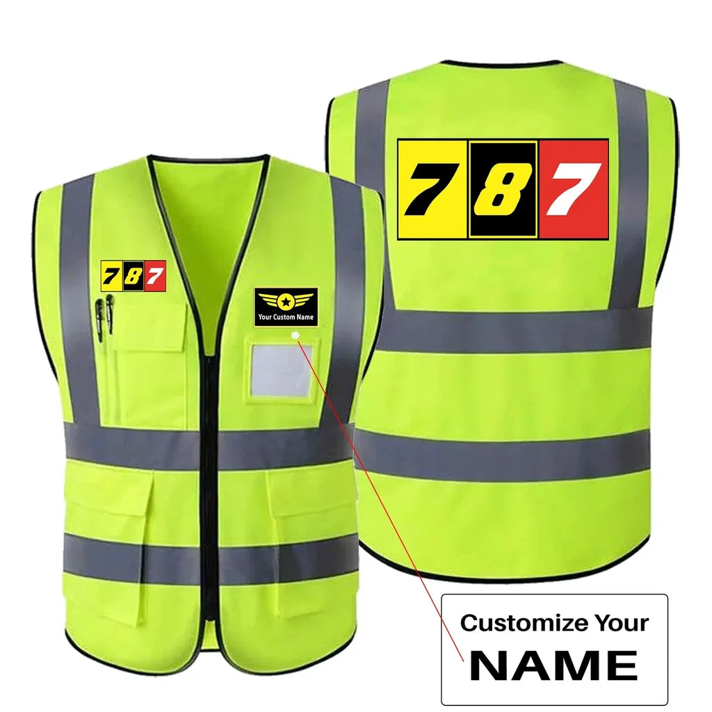 Flat Colourful 787 aviation design printed on high-visibility reflective fabric reflective vest.