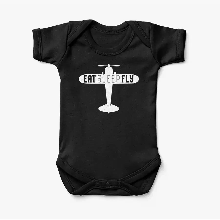 Eat Sleep Fly & Propeller aviation print on kids gentle cotton bodysuit.