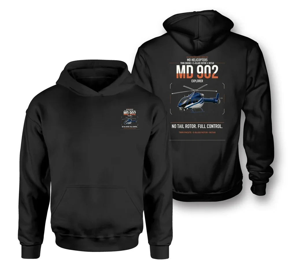 MD Helicopters MD 902 Explorer design on black double-side hoodie, double-side print