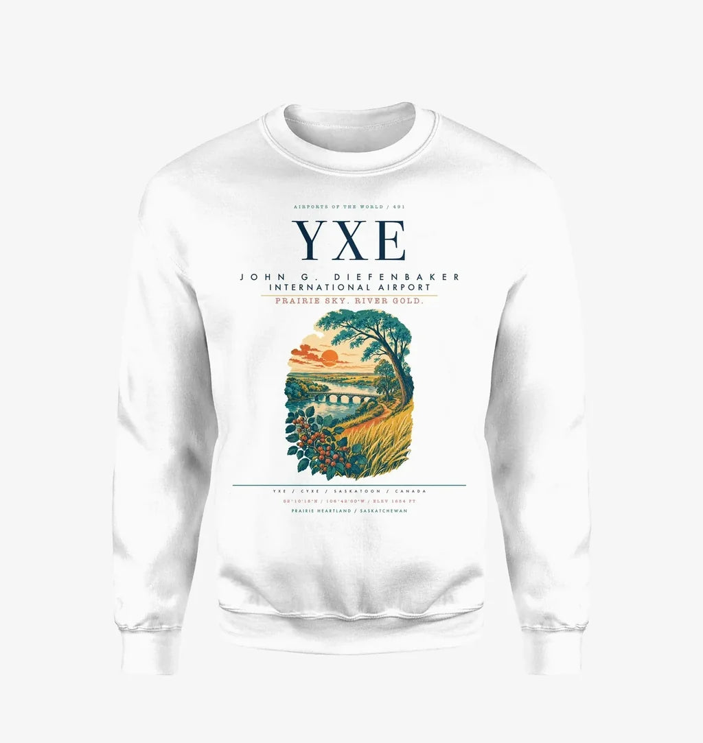Saskatoon John G. Diefenbaker International Airport (YXE) design on white sweatshirt