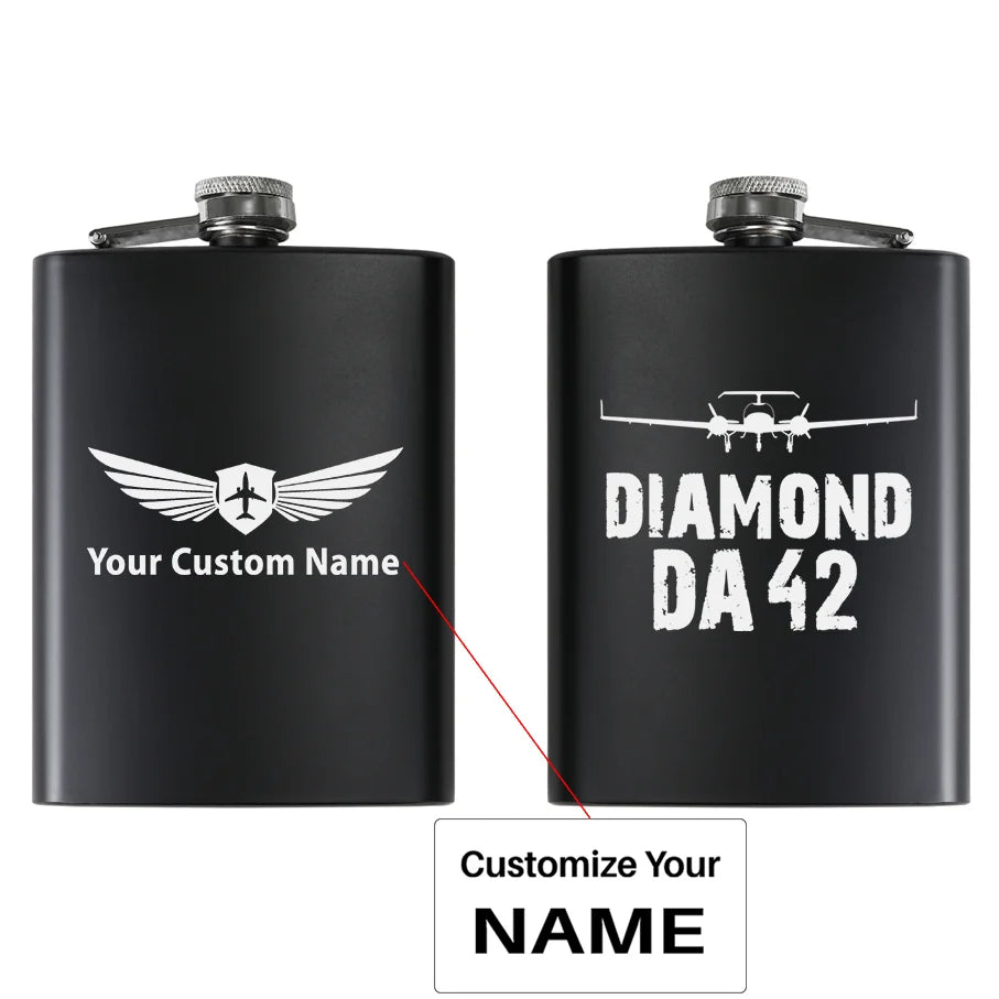 Diamond DA42 & Plane aviation design on stainless hip flask, compact pocket-size flask.