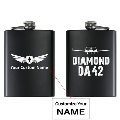 Diamond DA42 & Plane aviation design on stainless hip flask, compact pocket-size flask.