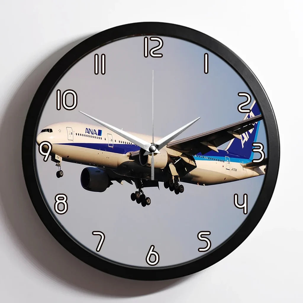 ANA's Boeing 777 aviation design on premium wood and metal wall clock.