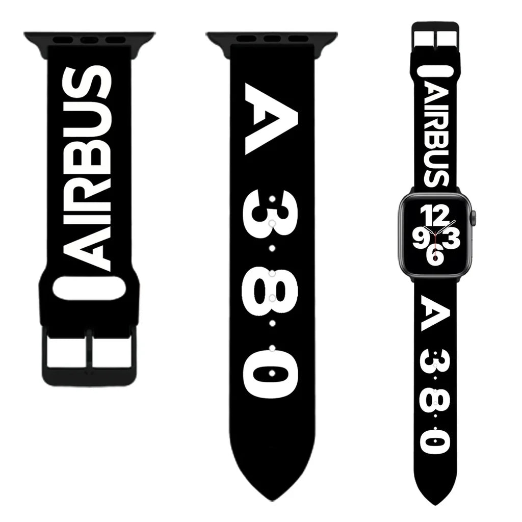 Airbus A380 Flat Text aviation-themed Apple Watch band, polished soft silicone.