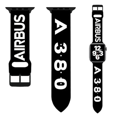 Airbus A380 Flat Text aviation-themed Apple Watch band, polished soft silicone.