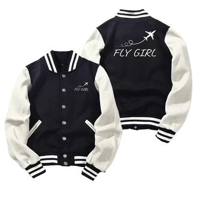Just Fly It & Fly Girl Baseball Style aviation design printed on two-tone shell with ribbed cuffs baseball jacket.