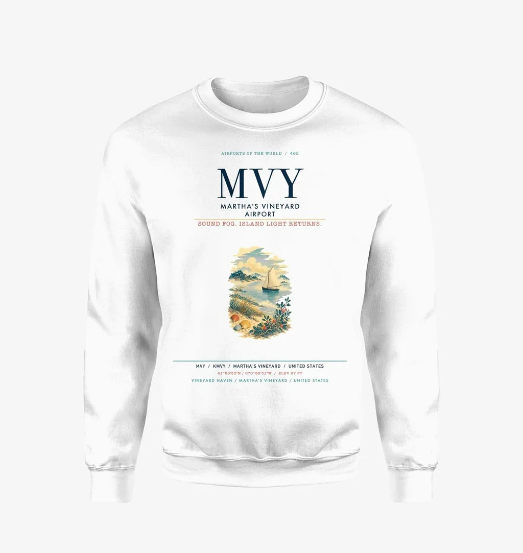 Martha's Vineyard Airport (MVY) design on white sweatshirt