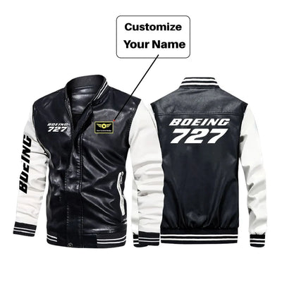 Boeing 727 & Text aviation design printed on genuine leather with modern tailored fit stylish leather jacket.