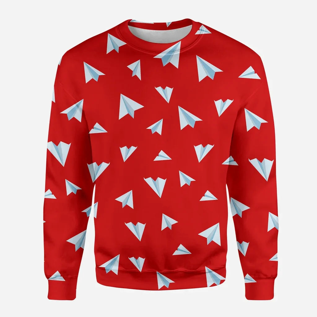Paper Airplanes (Red) aviation design printed on soft cotton blend 3D sweatshirt.