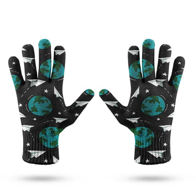 Paper Planes & Earth aviation design on soft knit fabric gloves.