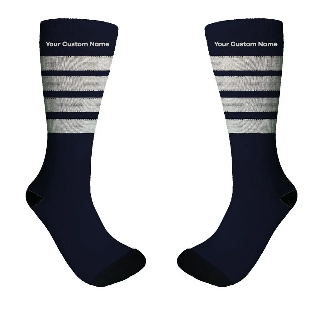 Pilot Epaulette (Silver) 4 Lines + NAME aviation design on soft cotton blend socks.