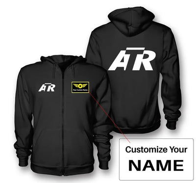 ATR & Text aviation design on soft cotton blend zipped hoodie.