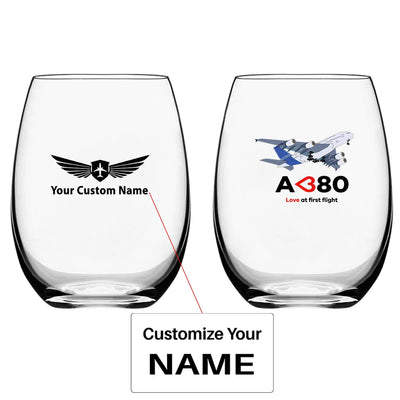 Airbus A380 Love at first flight Water & Drink aviation design on water glass, crystal-clear premium glassware.