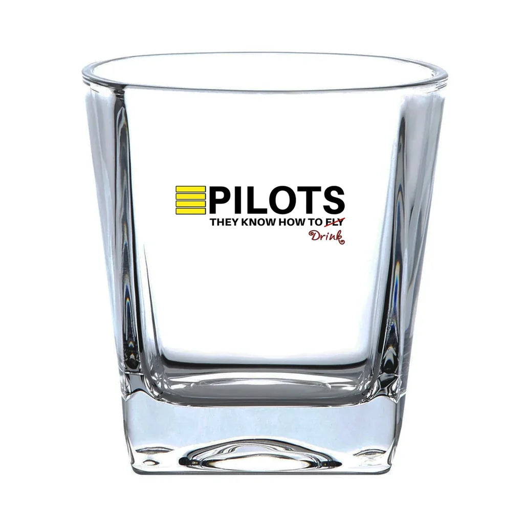 Pilots They Know How To Drink aviation design on whiskey glass, crystal-clear premium glassware.