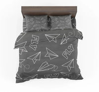 Thumbnail for Paper Airplane & Fly (Gray) aviation design on soft cotton blend bedding set.