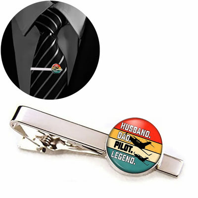 Husband & Dad & Pilot & Legend aviation-themed tie clip, polished stainless steel.