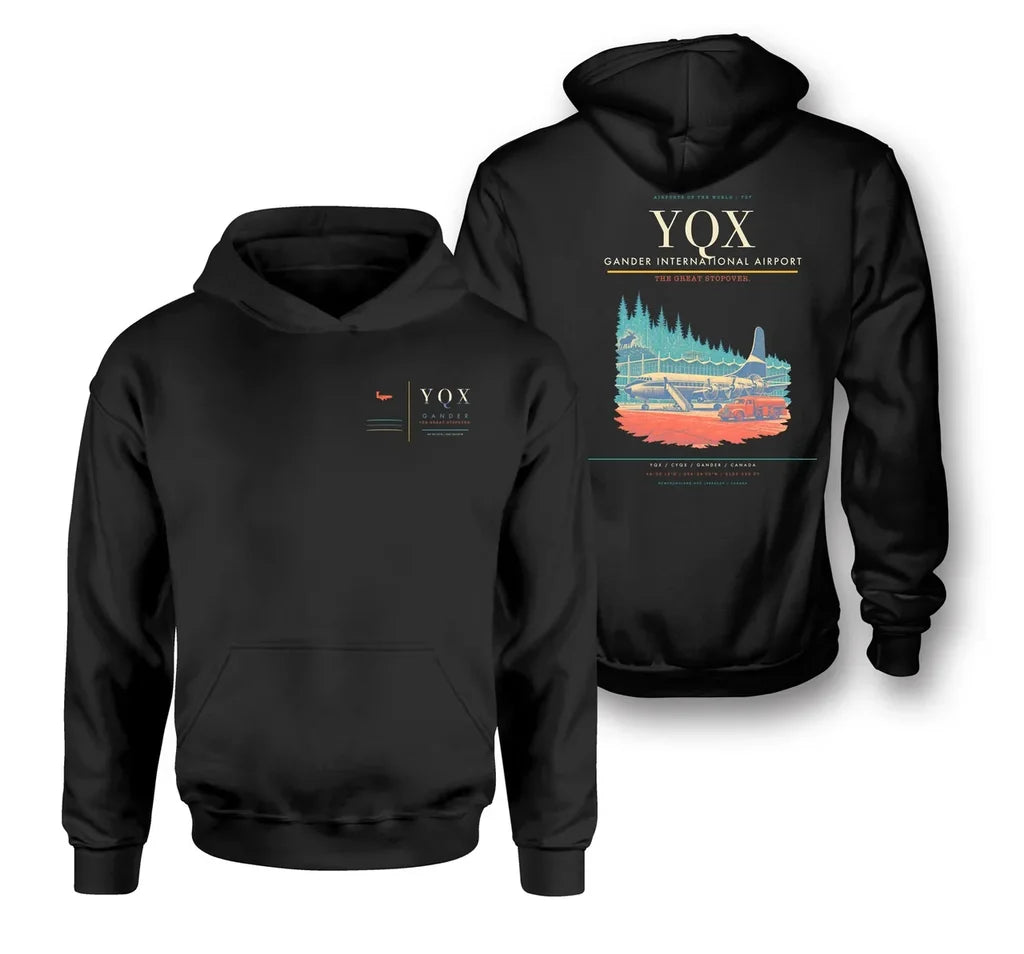 Gander International Airport (YQX) design on black double-side hoodie