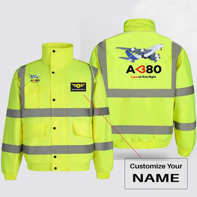 Airbus A380 Love at first flight aviation design printed on insulated shell with high-visibility reflective panels reflective.