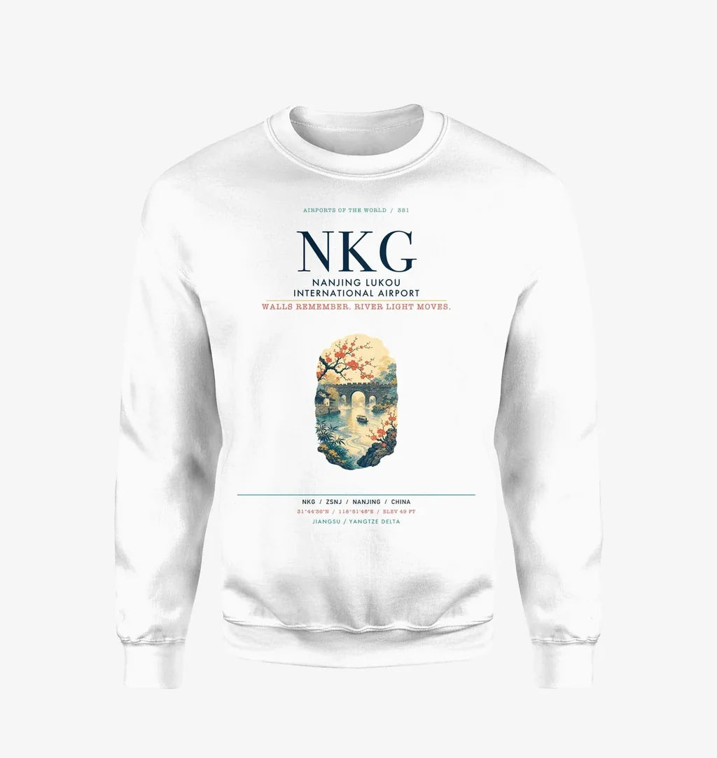 Nanjing Lukou International Airport (NKG) design on white sweatshirt