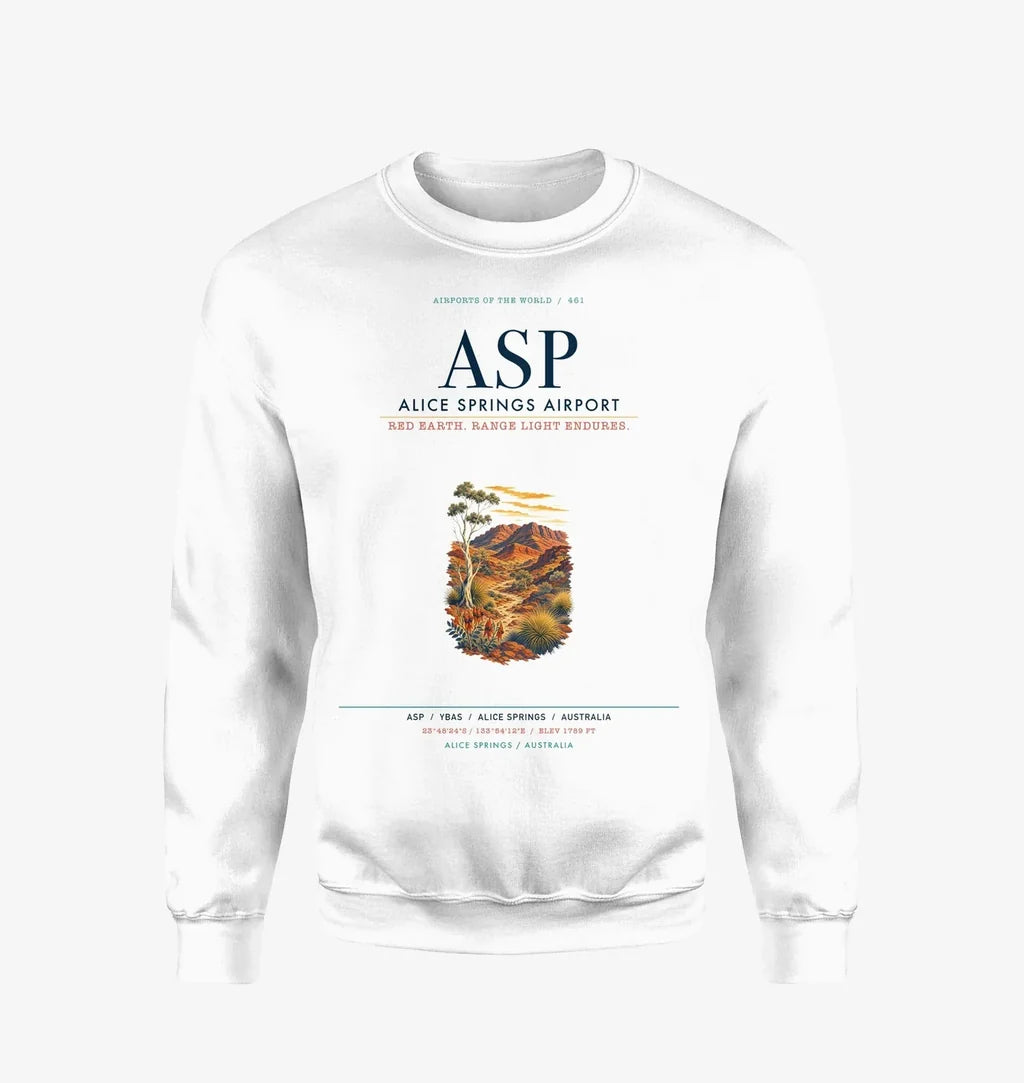 Alice Springs Airport (ASP) design on white sweatshirt