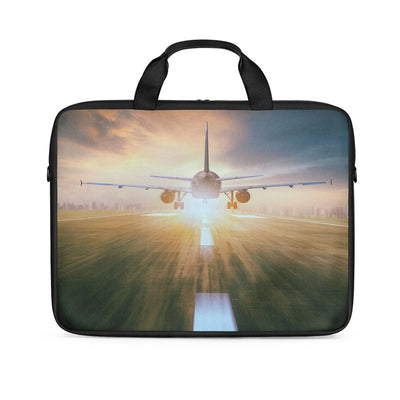 Airplane Flying Over Runway Laptop & Tablet aviation print laptop & tablet bag, padded polyester.