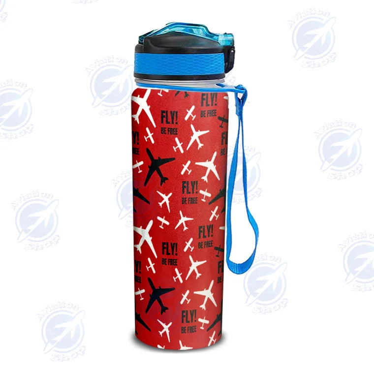 Fly Be Free Red Sports aviation design on sport kettle, insulated bottle with sport spout.